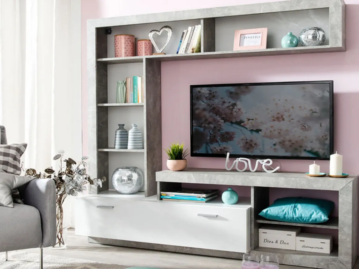 Parete Attrezzata Bianco Grigio Cemento 7 Ripiani 10 Vani 170.5x41.5x170.5h cm, Un'anta - Moggio