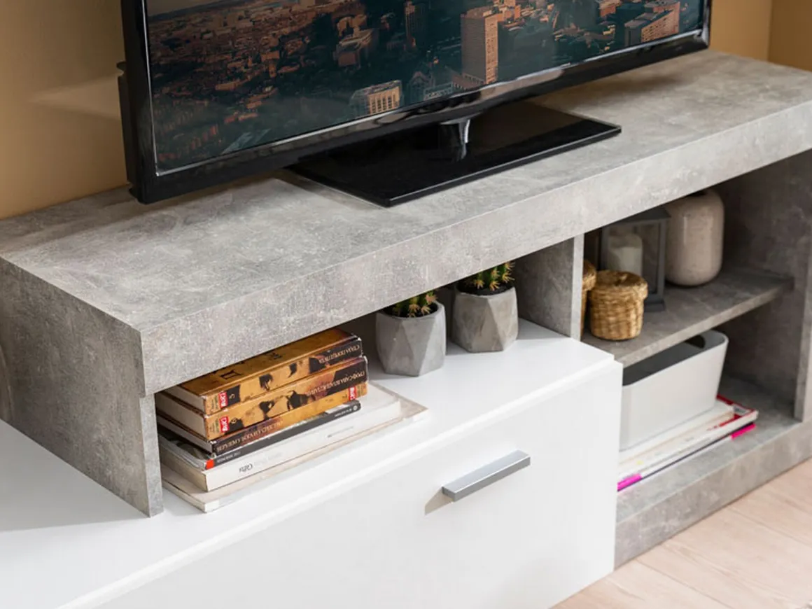 Parete Attrezzata Bianco Grigio Cemento 7 Ripiani 10 Vani 170.5x41.5x170.5h cm, Un'anta - Moggio