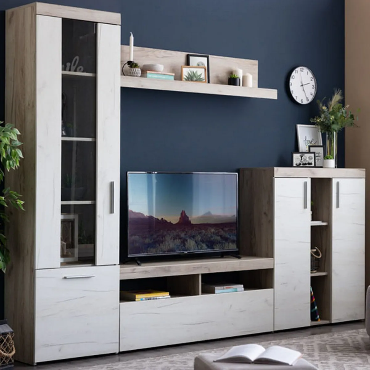 Pareti Attrezzate > Dmora Parete Attrezzata Bianco Larice Marrone Rovere Nodi Modulabile 14 Ripiani 262x35x195h cm, Cassetti - Oggiono Marrone Rovere nodi, Bianco Larice