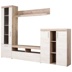 Pareti Attrezzate > Dmora Parete Attrezzata Bianco Larice Marrone Rovere Nodi Modulabile 14 Ripiani 262x35x195h cm, Cassetti - Oggiono Marrone Rovere nodi, Bianco Larice