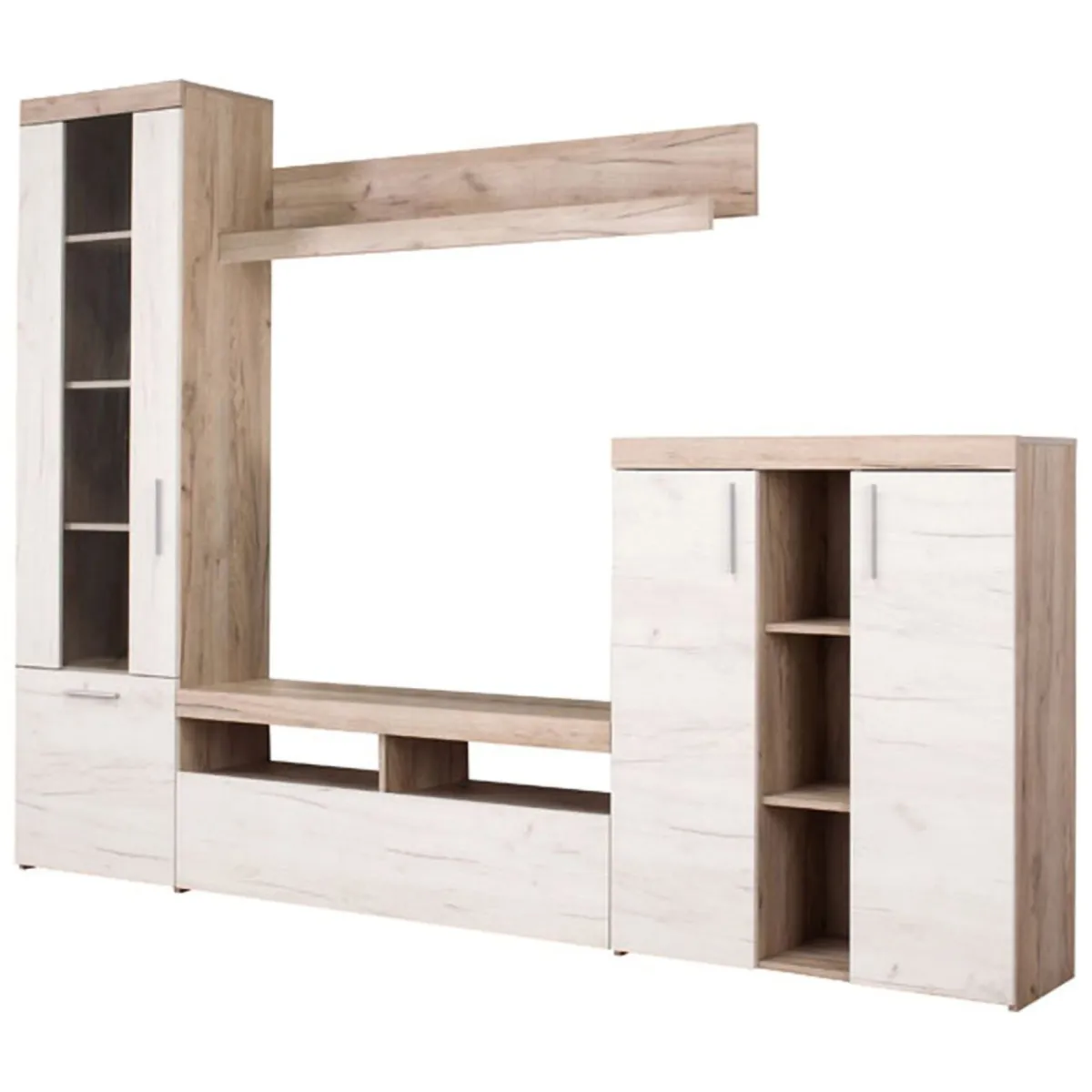 Pareti Attrezzate > Dmora Parete Attrezzata Bianco Larice Marrone Rovere Nodi Modulabile 14 Ripiani 262x35x195h cm, Cassetti - Oggiono Marrone Rovere nodi, Bianco Larice