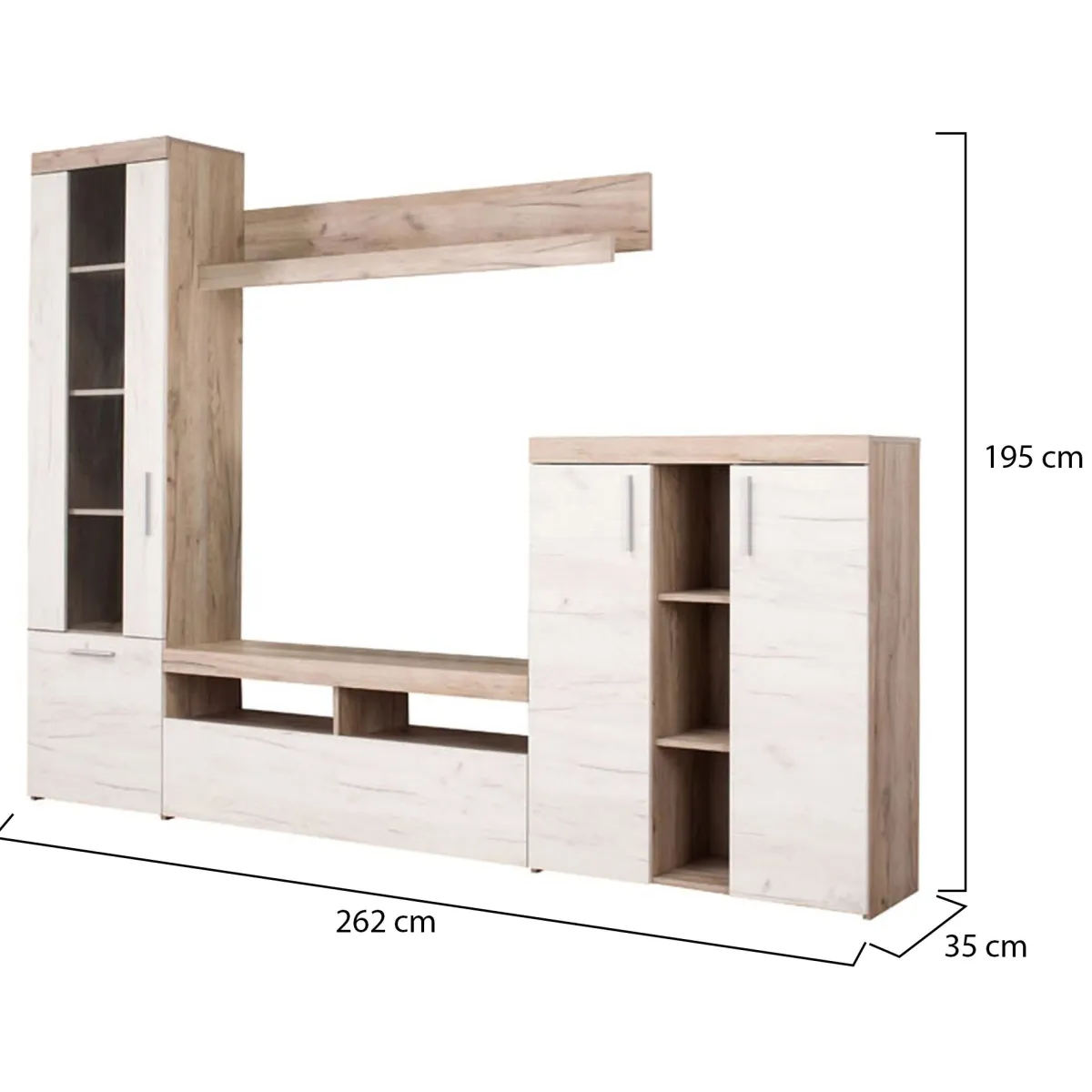 Pareti Attrezzate > Dmora Parete Attrezzata Bianco Larice Marrone Rovere Nodi Modulabile 14 Ripiani 262x35x195h cm, Cassetti - Oggiono Marrone Rovere nodi, Bianco Larice