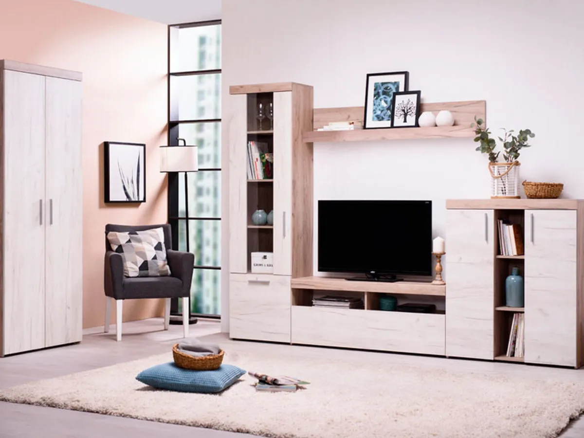 Pareti Attrezzate > Dmora Parete Attrezzata Bianco Larice Marrone Rovere Nodi Modulabile 14 Ripiani 262x35x195h cm, Cassetti - Oggiono Marrone Rovere nodi, Bianco Larice