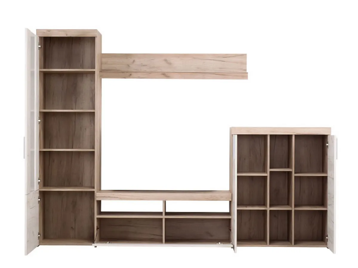 Pareti Attrezzate > Dmora Parete Attrezzata Bianco Larice Marrone Rovere Nodi Modulabile 14 Ripiani 262x35x195h cm, Cassetti - Oggiono Marrone Rovere nodi, Bianco Larice