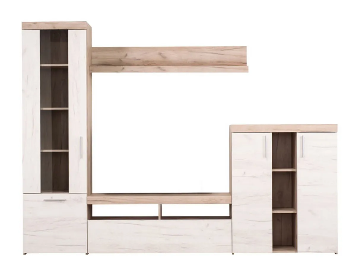 Pareti Attrezzate > Dmora Parete Attrezzata Bianco Larice Marrone Rovere Nodi Modulabile 14 Ripiani 262x35x195h cm, Cassetti - Oggiono Marrone Rovere nodi, Bianco Larice