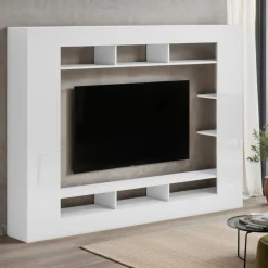 Parete Attrezzata Bianco Lucido 7 Ripiani Cassetti 216x30.4x158.6h cm, - Sadali