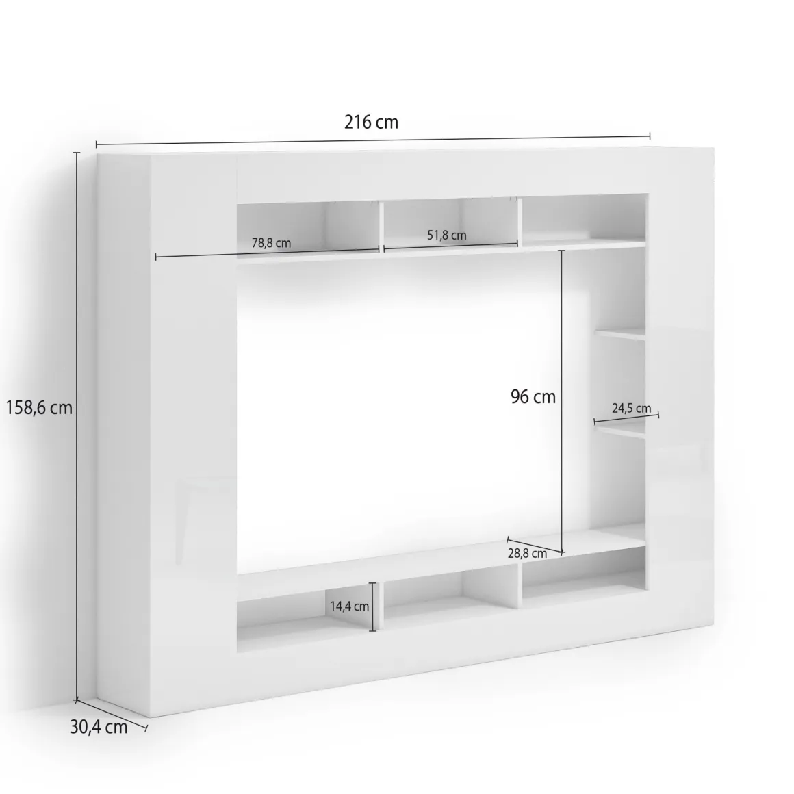 Parete Attrezzata Bianco Lucido 7 Ripiani Cassetti 216x30.4x158.6h cm, - Sadali