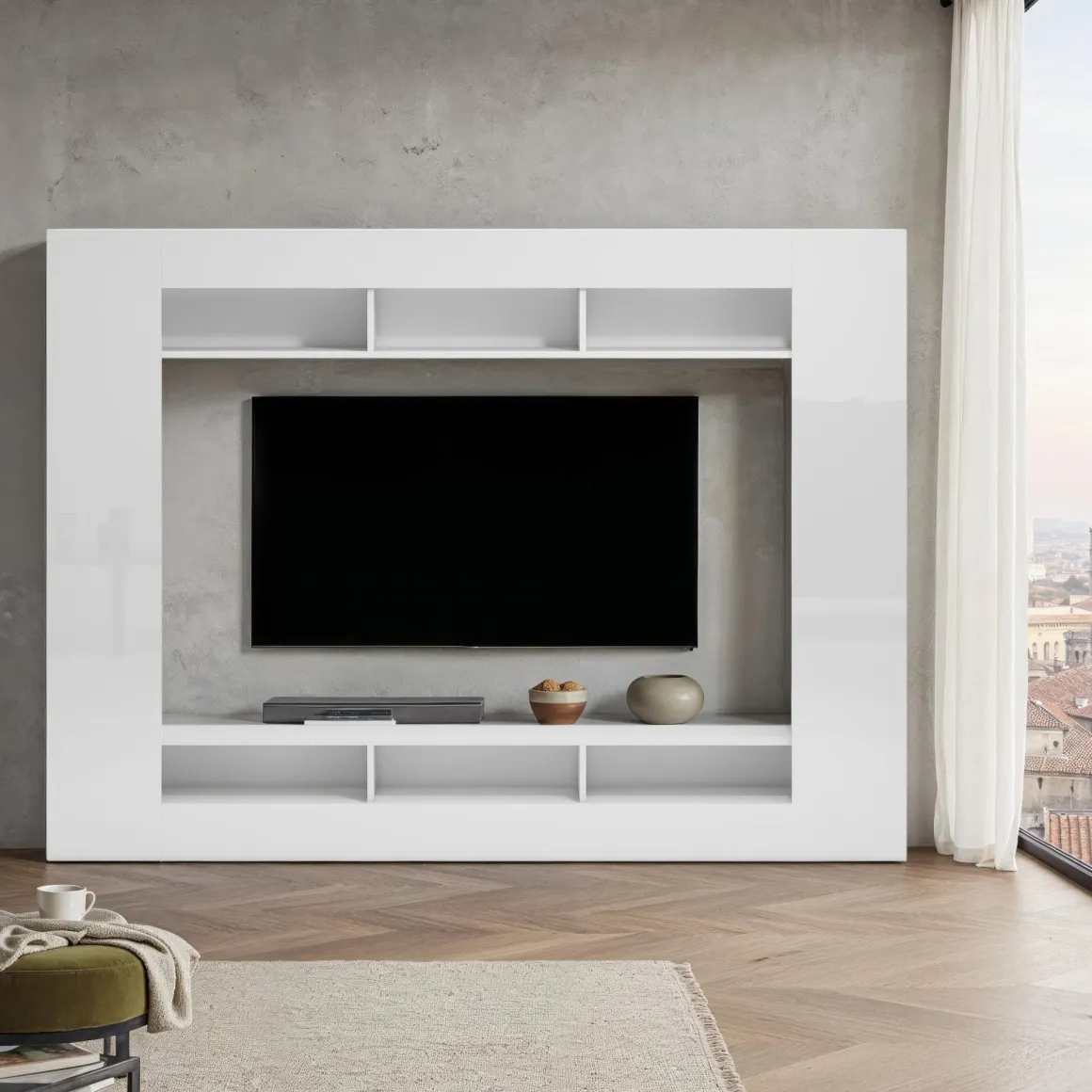 Parete Attrezzata Bianco Lucido 7 Ripiani Cassetti 216x30.4x158.6h cm, - Sadali
