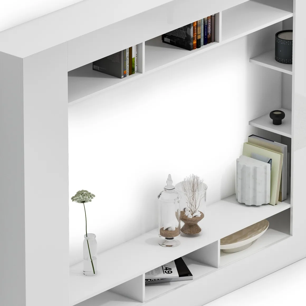 Parete Attrezzata Bianco Lucido 7 Ripiani Cassetti 216x30.4x158.6h cm, - Sadali