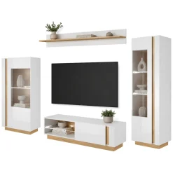 Parete Attrezzata Bianco Lucido Marrone Rovere Modulabile 8 Ripiani, 11 Vani - Kanazala
