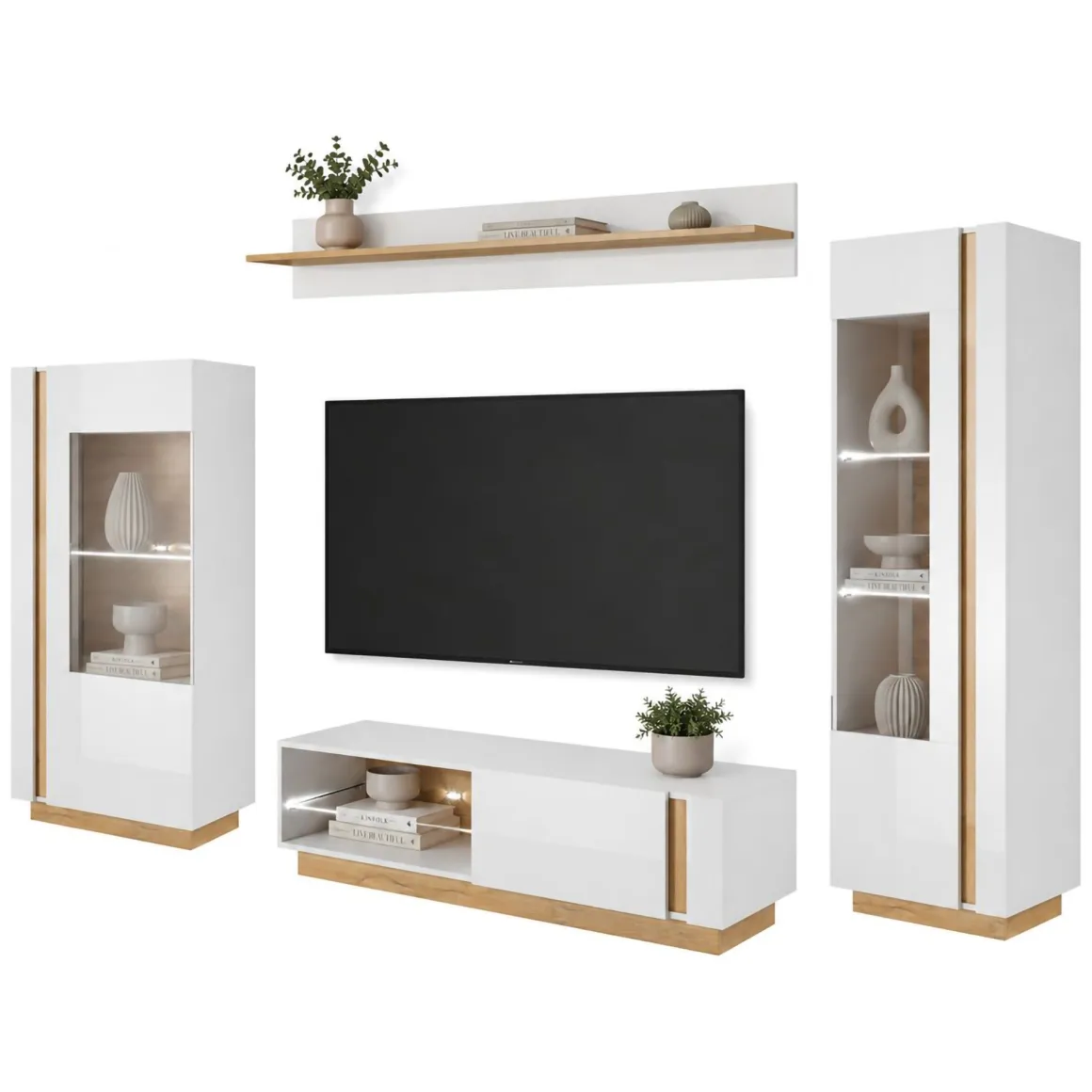 Parete Attrezzata Bianco Lucido Marrone Rovere Modulabile 8 Ripiani, 11 Vani - Kanazala