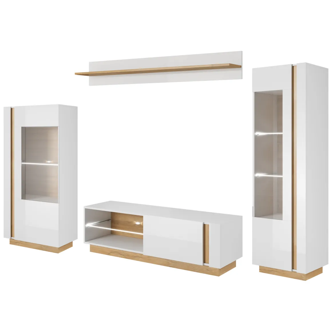 Parete Attrezzata Bianco Lucido Marrone Rovere Modulabile 8 Ripiani, 11 Vani - Kanazala