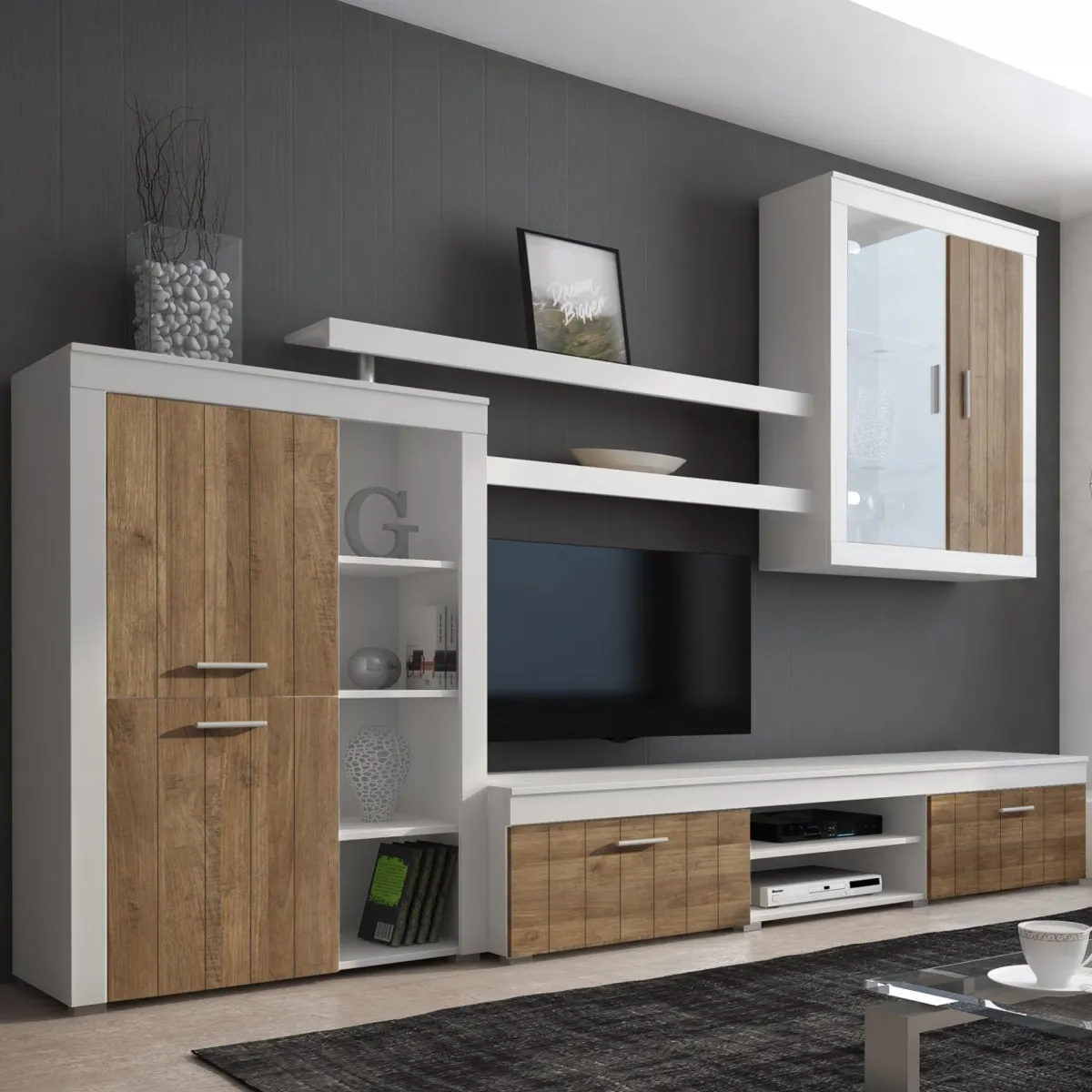 Pareti Attrezzate > Dmora Parete Attrezzata Bianco Marrone Noce 11 Ripiani Modulabile, 18 Vani - Casies Marrone, Bianco Noce