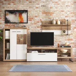 Parete Attrezzata Bianco Marrone Noce Modulabile 10 Ripiani 263x40x162.5h cm, 3 Ante - Dueville