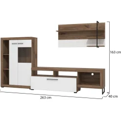 Parete Attrezzata Bianco Marrone Noce Modulabile 10 Ripiani 263x40x162.5h cm, 3 Ante - Dueville