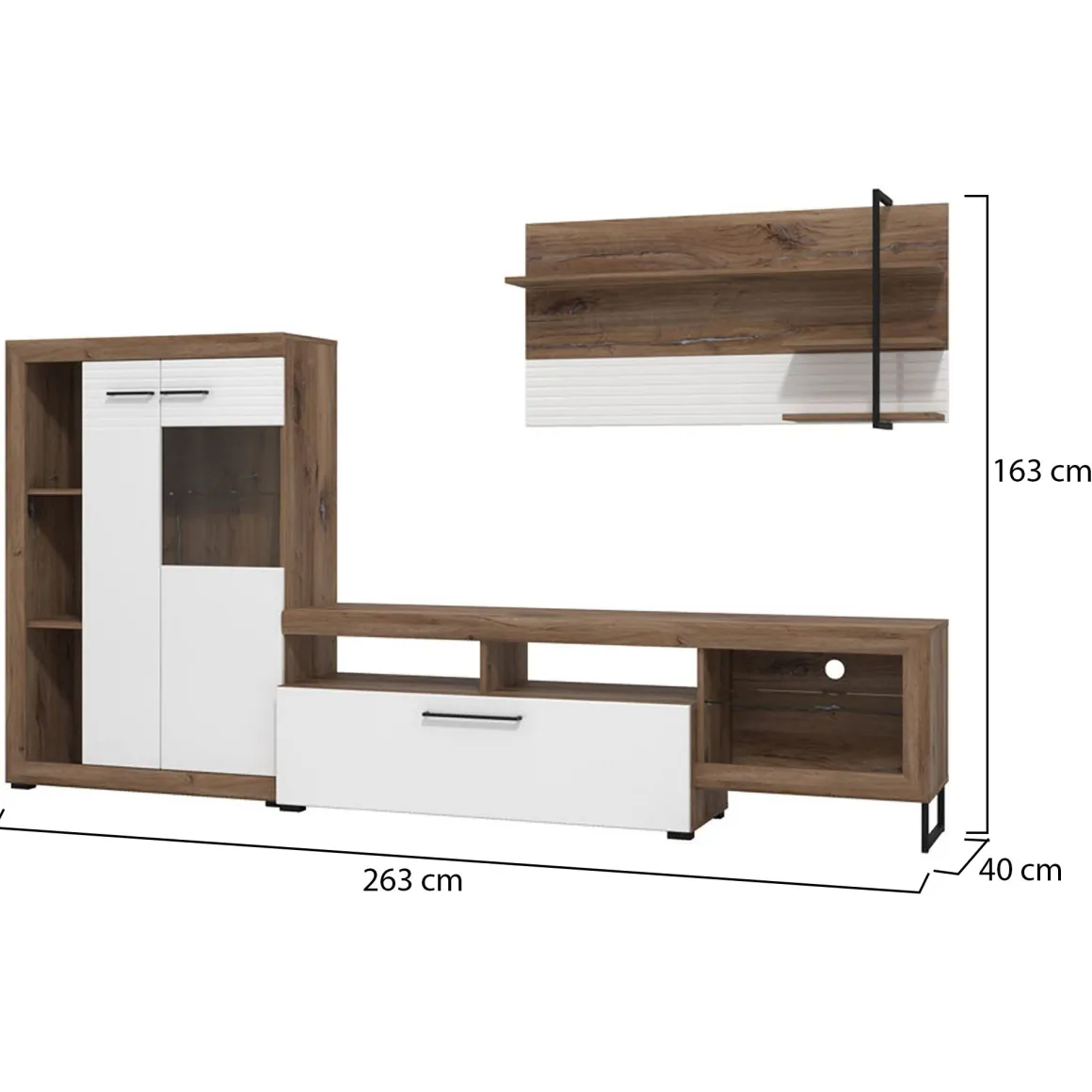 Parete Attrezzata Bianco Marrone Noce Modulabile 10 Ripiani 263x40x162.5h cm, 3 Ante - Dueville