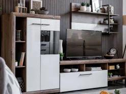 Parete Attrezzata Bianco Marrone Noce Modulabile 10 Ripiani 263x40x162.5h cm, 3 Ante - Dueville