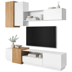 Parete Attrezzata Bianco Marrone Rovere Modulabile 8 Ripiani, 13 Vani - Kamolofa
