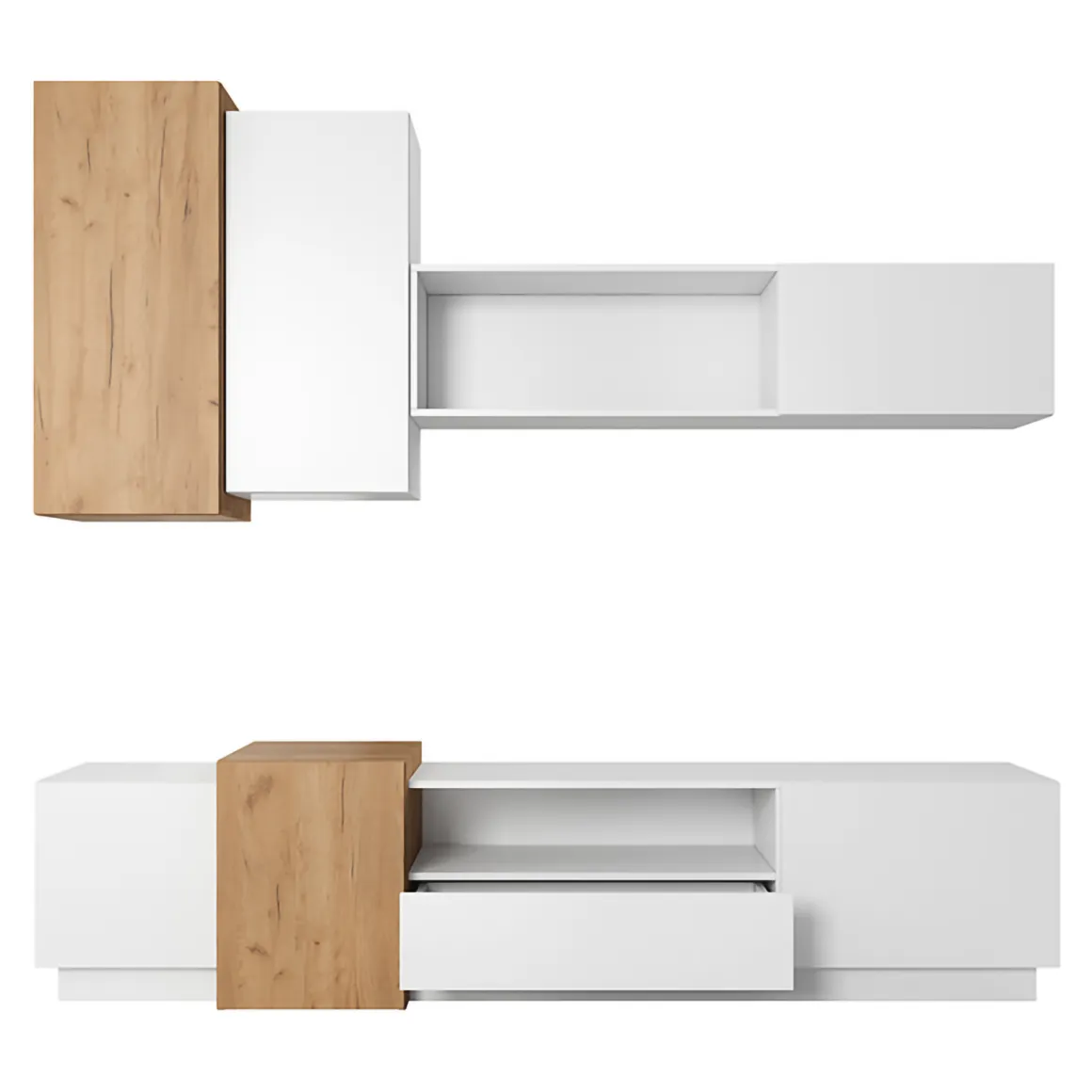 Parete Attrezzata Bianco Marrone Rovere Modulabile 8 Ripiani, 13 Vani - Kamolofa