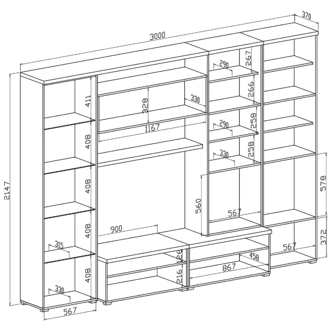 Parete Attrezzata Bianco Modulabile 5 Ripiani, 10 Ante - Cicala