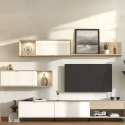 Pareti Attrezzate > Dmora Parete Attrezzata Bianco Opaco Marrone Rovere 7 Ripiani un Cassetto 234x40x176h cm, Modulabile - Elice Marrone Rovere, Bianco Opaco