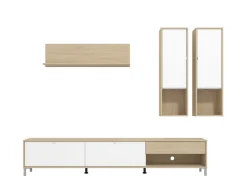 Pareti Attrezzate > Dmora Parete Attrezzata Bianco Opaco Marrone Rovere 7 Ripiani un Cassetto 234x40x176h cm, Modulabile - Elice Marrone Rovere, Bianco Opaco
