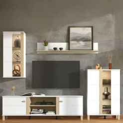 Parete Attrezzata Bianco Opaco Marrone Rovere Modulabile 7 Ripiani 260x40x183h cm, 10 Vani - Albese