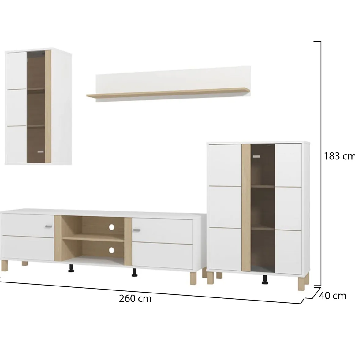 Parete Attrezzata Bianco Opaco Marrone Rovere Modulabile 7 Ripiani 260x40x183h cm, 10 Vani - Albese