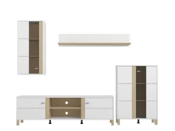Parete Attrezzata Bianco Opaco Marrone Rovere Modulabile 7 Ripiani 260x40x183h cm, 10 Vani - Albese