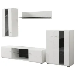 Parete Attrezzata Bianco Opaco Nero Modulabile 7 Ripiani 264x41.5x182h cm, 4 Ante - Ozzero