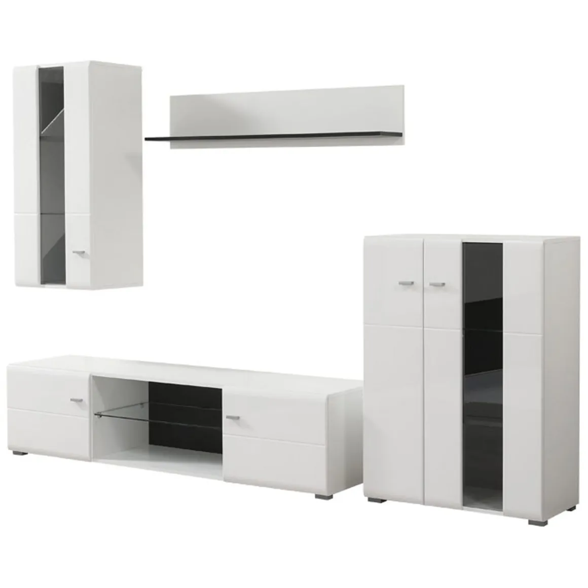 Parete Attrezzata Bianco Opaco Nero Modulabile 7 Ripiani 264x41.5x182h cm, 4 Ante - Ozzero