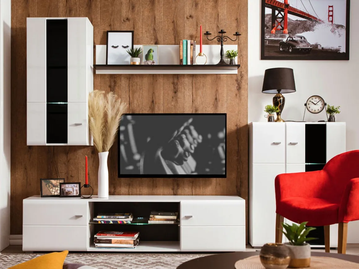 Parete Attrezzata Bianco Opaco Nero Modulabile 7 Ripiani 264x41.5x182h cm, 4 Ante - Ozzero