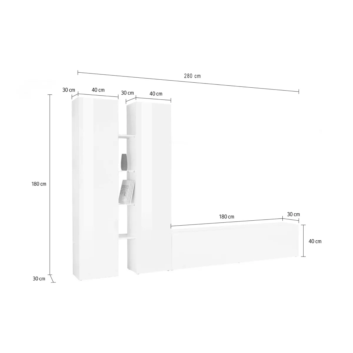 Pareti Attrezzate > Dmora Parete Attrezzata 12 Ripiani Modulabile 280x30x180h cm, 12 Vani - Grado Bianco