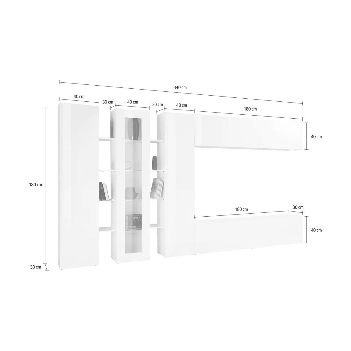 Parete Attrezzata Bianco 20 Ripiani Modulabile 320x30x180h cm, 19 Vani - Bellino