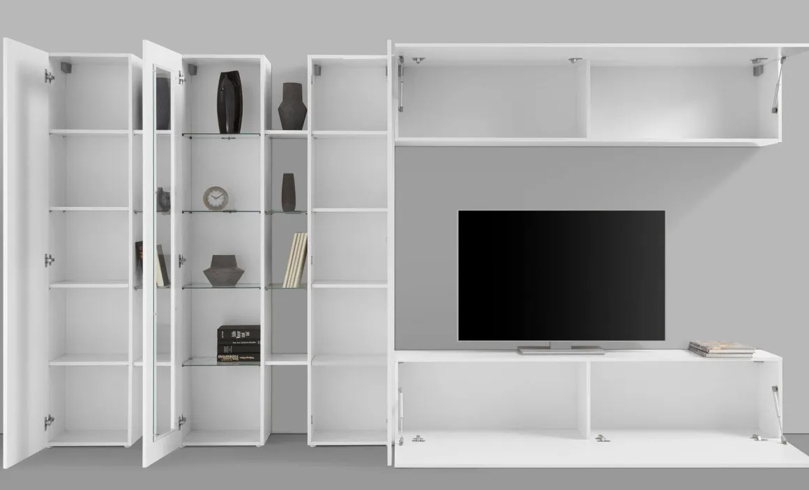 Parete Attrezzata Bianco 20 Ripiani Modulabile 320x30x180h cm, 19 Vani - Bellino