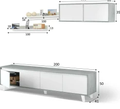 Salotto|Pareti Attrezzate > Dmora Parete attrezzata classica 200cm cemento e bianca lucida - Kaya Bianco Lucido, Grigio Cemento
