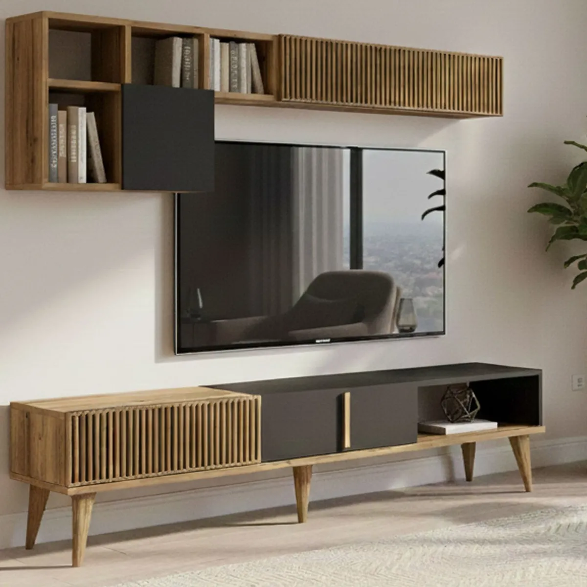 Salotto|Pareti Attrezzate > Dmora Parete attrezzata design 180cm noce e antracite - Ostro Nero Antracite, Marrone Noce