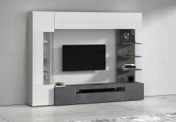Pareti Attrezzate > Dmora Parete Attrezzata Grigio Ardesia Bianco Lucido 8 Ripiani 5 Ante 245x40x191.2h cm, Apertura Battente - Galatina Bianco Lucido, Grigio Ardesia