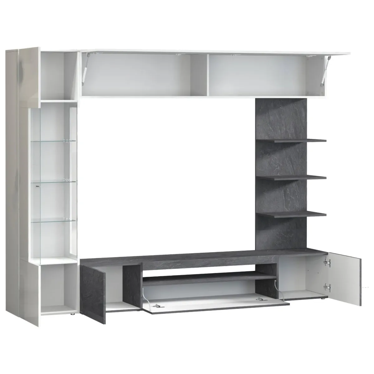 Pareti Attrezzate > Dmora Parete Attrezzata Grigio Ardesia Bianco Lucido 8 Ripiani 5 Ante 245x40x191.2h cm, Apertura Battente - Galatina Bianco Lucido, Grigio Ardesia