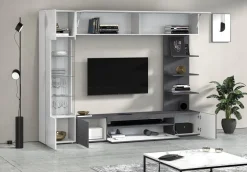Pareti Attrezzate > Dmora Parete Attrezzata Grigio Ardesia Bianco Lucido 8 Ripiani 5 Ante 245x40x191.2h cm, Apertura Battente - Galatina Bianco Lucido, Grigio Ardesia