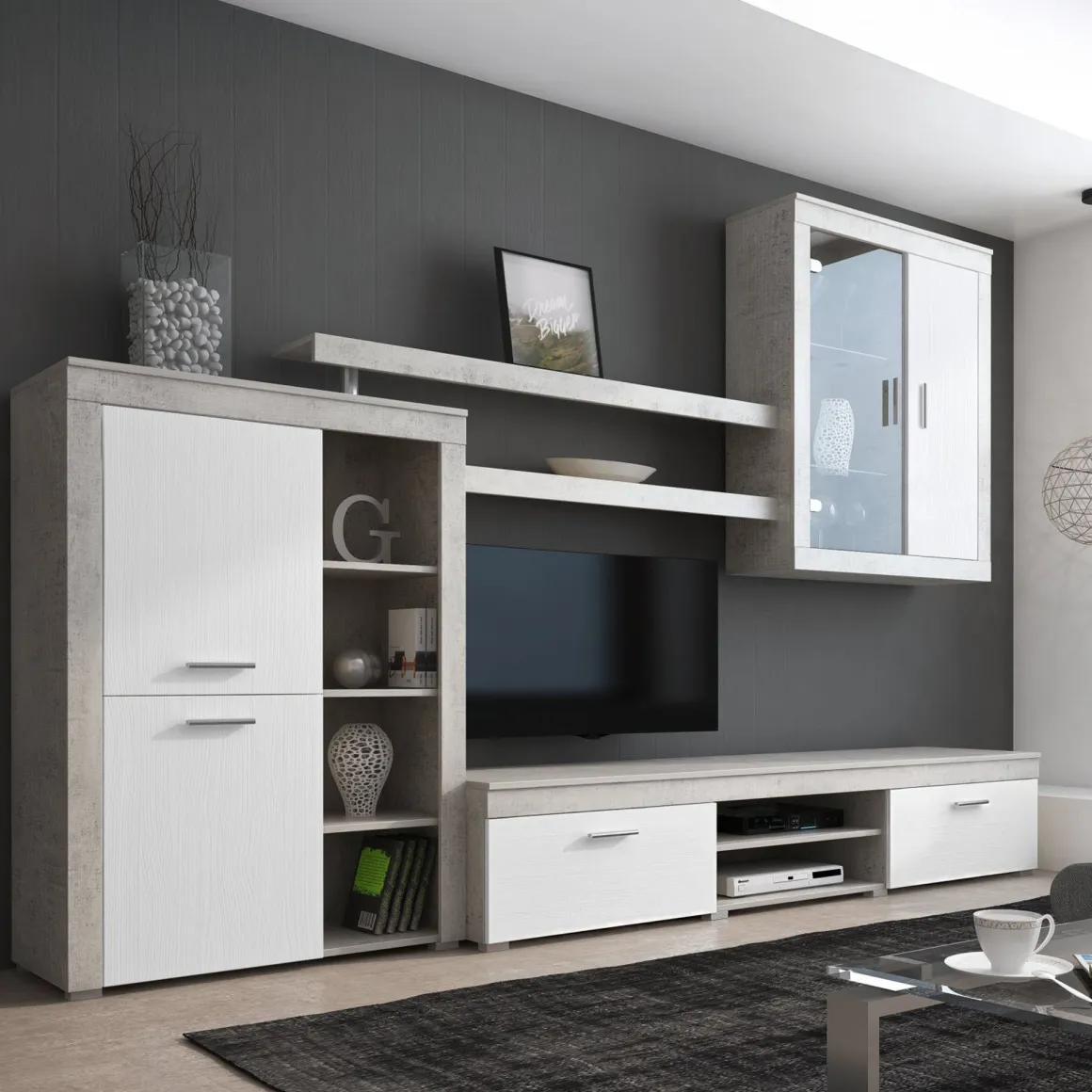 Parete Attrezzata Grigio Cemento Bianco 11 Ripiani Modulabile, 18 Vani - Casies