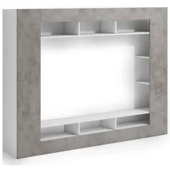 Pareti Attrezzate > Dmora Parete Attrezzata Grigio Cemento Bianco 7 Ripiani Cassetti 216x30.4x158.6h cm, - Sadali Bianco, Grigio Cemento