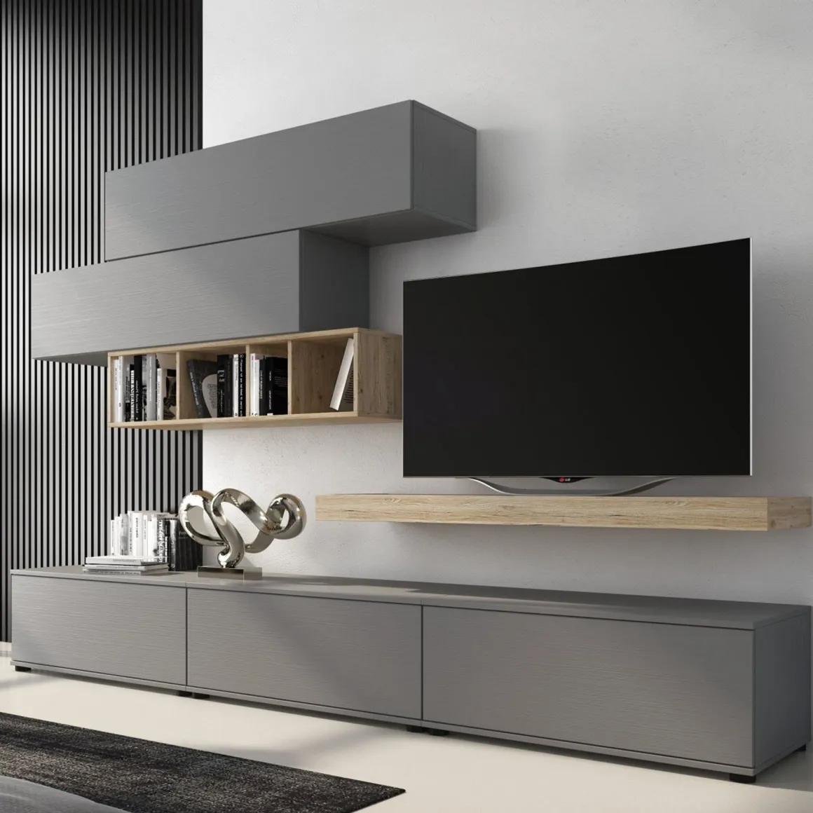 Parete Attrezzata Grigio Marrone Rovere Modulabile Apertura Battente, a Ribalta, 5 Ante - Mammola