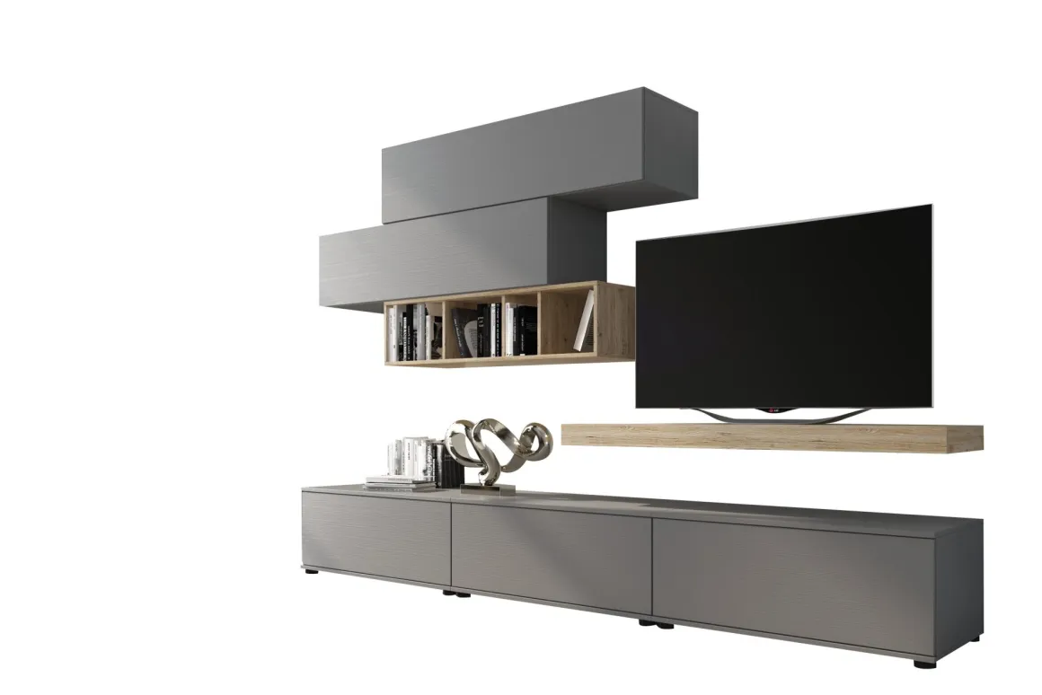 Parete Attrezzata Grigio Marrone Rovere Modulabile Apertura Battente, a Ribalta, 5 Ante - Mammola