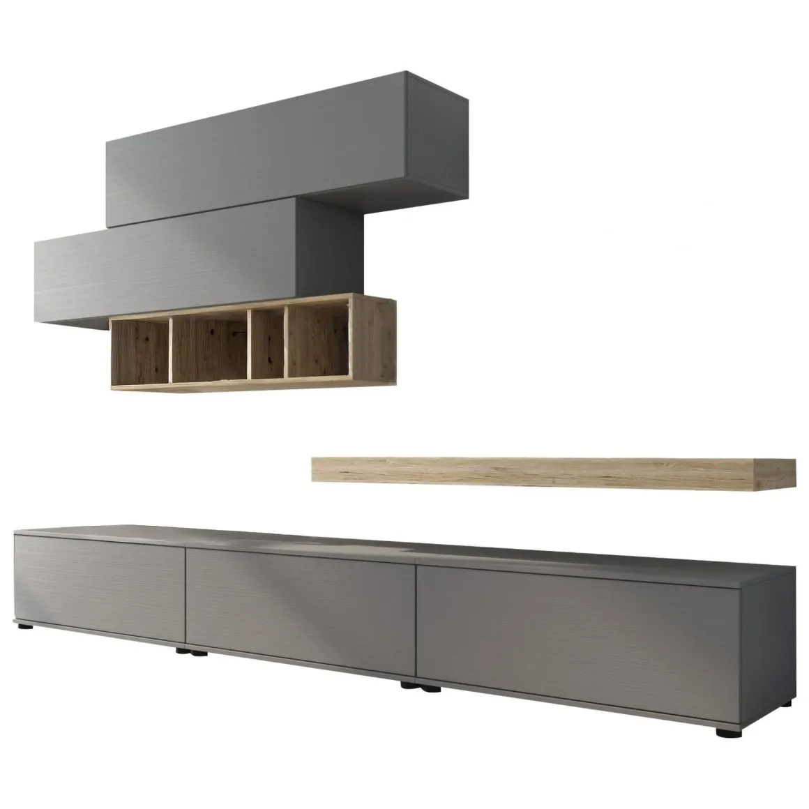 Parete Attrezzata Grigio Marrone Rovere Modulabile Apertura Battente, a Ribalta, 5 Ante - Mammola