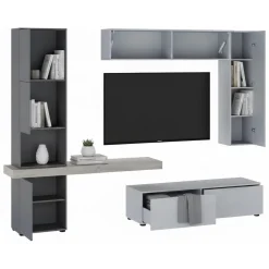 Pareti Attrezzate > Dmora Parete Attrezzata Grigio Nero Antracite Modulabile 2 Cassetti, 9 Ripiani - Riccia Nero, Grigio Antracite