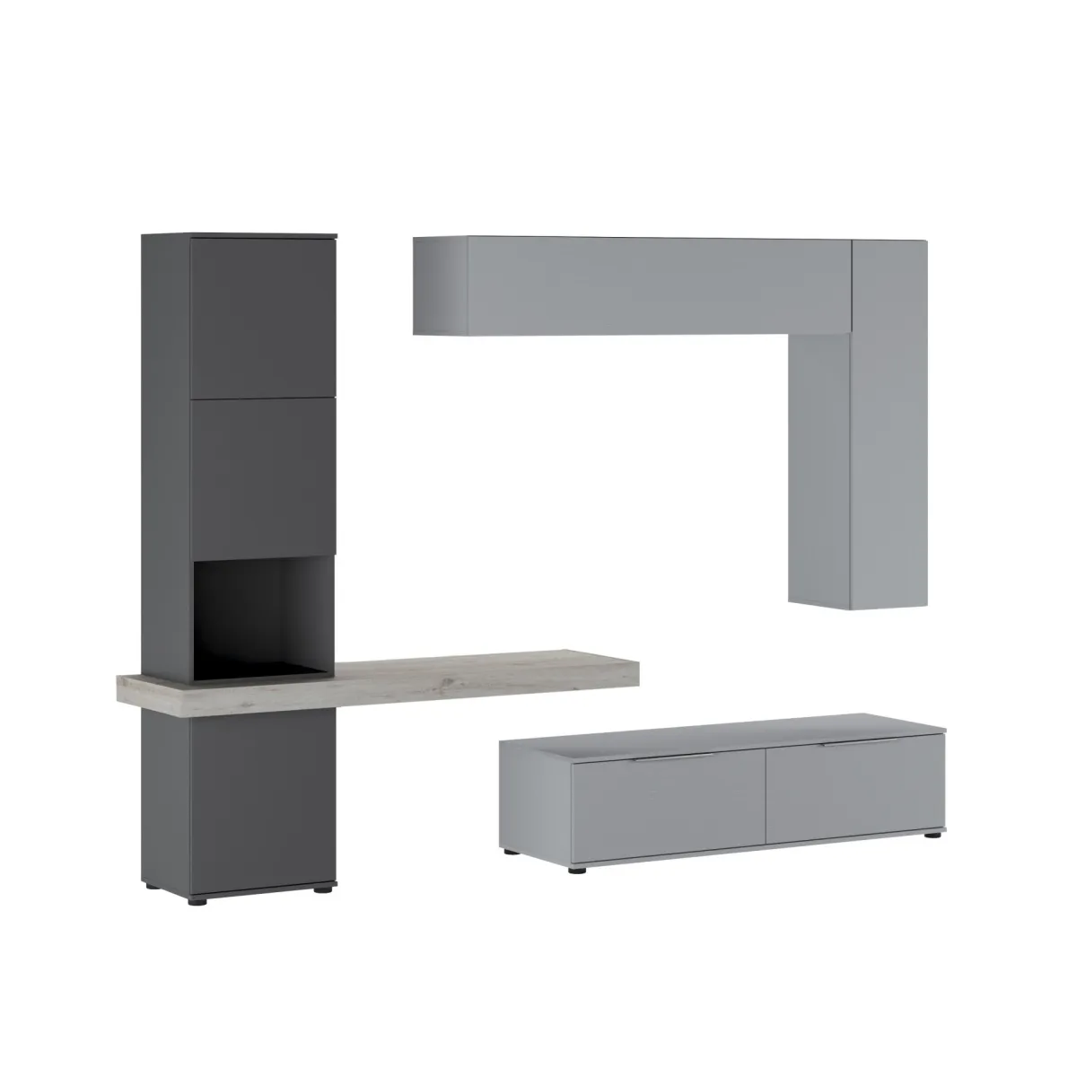 Pareti Attrezzate > Dmora Parete Attrezzata Grigio Nero Antracite Modulabile 2 Cassetti, 9 Ripiani - Riccia Nero, Grigio Antracite