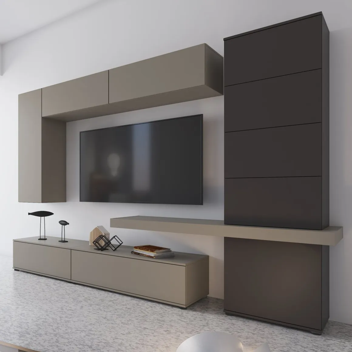 Parete Attrezzata Grigio Tortora Nero Antracite 5 Ripiani 2 Cassetti, Modulabile - Portula