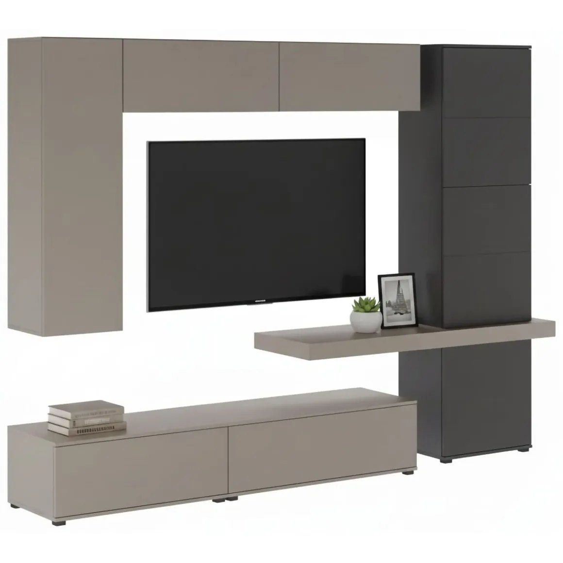 Parete Attrezzata Grigio Tortora Nero Antracite 5 Ripiani 2 Cassetti, Modulabile - Portula