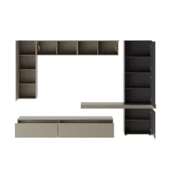 Parete Attrezzata Grigio Tortora Nero Antracite 5 Ripiani 2 Cassetti, Modulabile - Portula